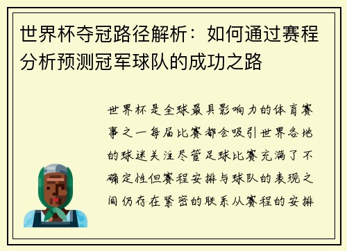 世界杯夺冠路径解析：如何通过赛程分析预测冠军球队的成功之路