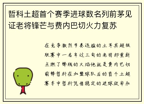 哲科土超首个赛季进球数名列前茅见证老将锋芒与费内巴切火力复苏