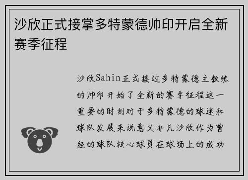沙欣正式接掌多特蒙德帅印开启全新赛季征程
